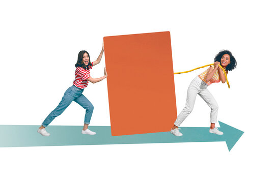Sketch image composite trend artwork photo collage of two young delivery worker Courier ladies push shipping product to customer