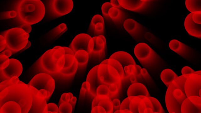 Futuristic glowing abstract red spheres background with floating 3D light shapes