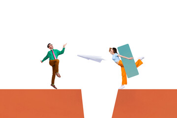 Composite trend artwork sketch image 3D photo collage of young colleagues man woman coworkers have rest in office play with paper flight