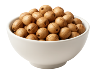 White bowl filled with light brown lotus seeds.