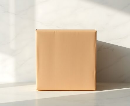 A simple, clean presentation of a gift-wrapped box bathed in soft light and shadow.