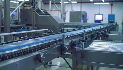 Modern conveyor system in a production facility, showcasing efficient automated machinery.
