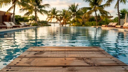 Fototapeta premium Serene tropical resort infinity pool at sunset with palm trees and lounge chairs reflecting in the water