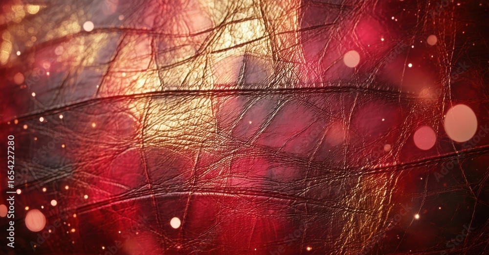 Poster textured surface, vibrant reds, golds. bokeh lights add sparkle, creating dramatic effect. abstract 
