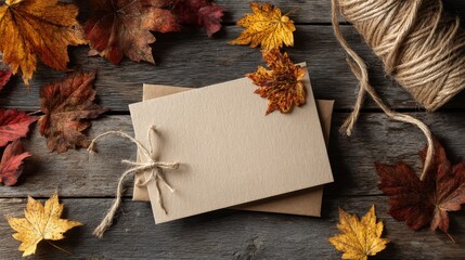 Blank greeting card mockup on kraft paper with dried autumn leaves and twine
