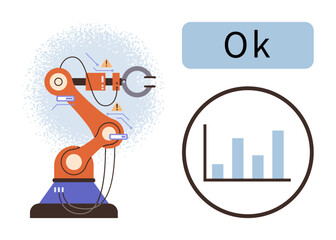 Industrial robotic arm conducting automated processes with graphs and analytics confirming task efficiency. Ideal for automation, robotics, industry, technology, efficiency, data analysis, simple