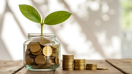 Green plant growing from a glass jar filled with gold coins symbolizing financial growth and investment success
