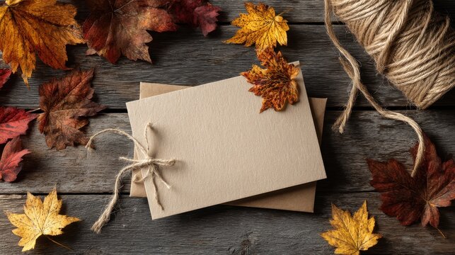Blank greeting card mockup on kraft paper with dried autumn leaves and twine
