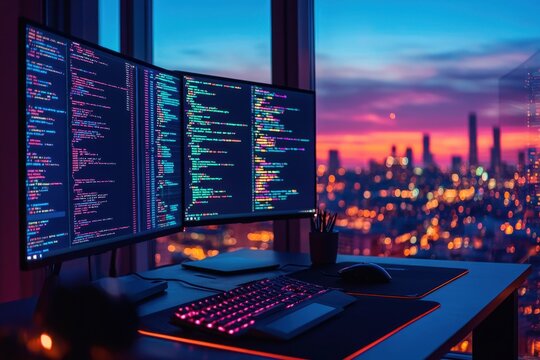 Dual monitor setup with coding interface overlooking a vibrant city skyline at dusk - Powered by Adobe