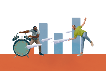 Composite sketch image trend artwork 3D photo collage of two colleagues men play with huge clock send paper planes coworking in office