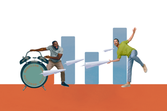 Composite sketch image trend artwork 3D photo collage of two colleagues men play with huge clock send paper planes coworking in office