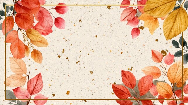 Open greeting card mockup with watercolor autumn leaves border
