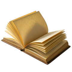 Old open book with aged yellowed pages isolated on transparent background