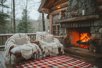 Fire crackling in cozy cabin fireplace, with blankets draped over chairs.