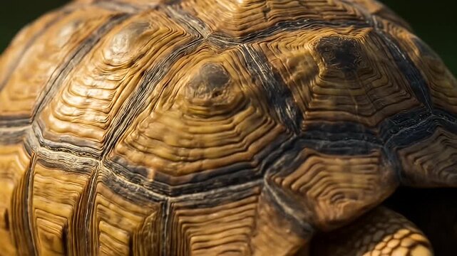 Close-up texture of a tortoise shell showing ridges and plates in tan and dark brown hues