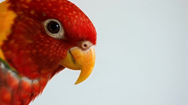 Red bird with yellow accents shows intricate feather detail against blank background