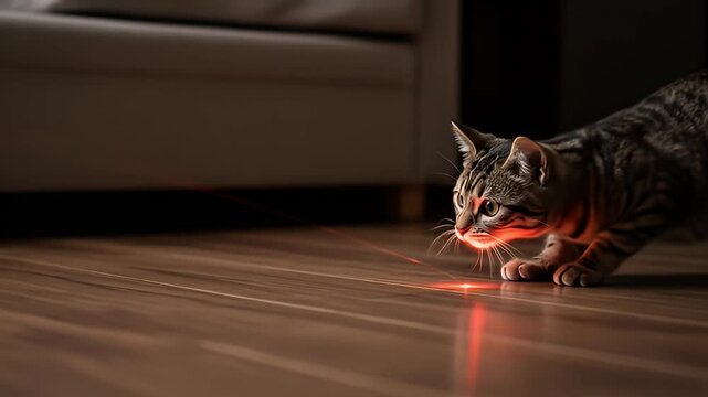 A tabby cat crouches on a wooden floor, fixated on a red laser pointer dot