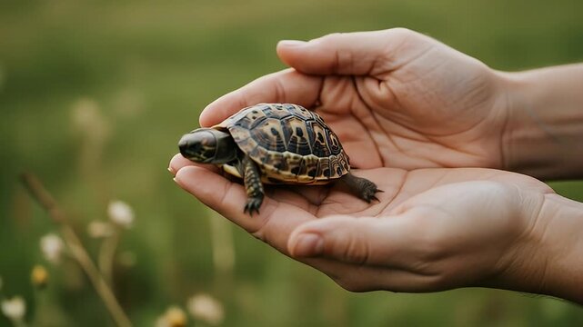 Tiny patterned tortoise nestled gently in human hands, green grass blurred background