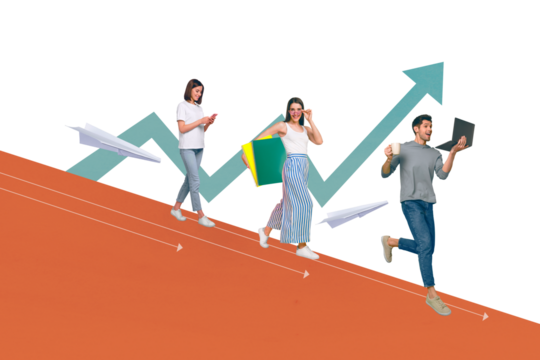 3D photo collage composite trend artwork of three people colleagues walk together work in office charts arrow go up plan strategy success