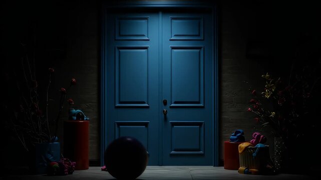 Eerily lit blue double doors with dim brick backdrop and foreground mess of toys and vases