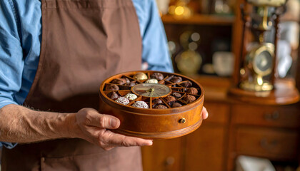 Man holding a wooden round chocolate box with various sweets inside