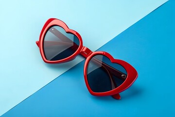 Red heart sunglasses on a blue background, love and fashion