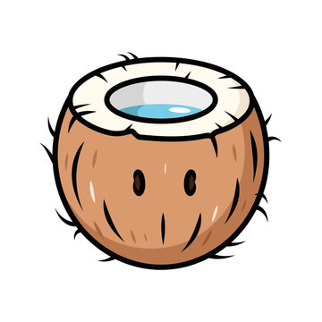 Whimsical illustration of a cute, happy coconut with a refreshing drink inside, perfect for summer vibes