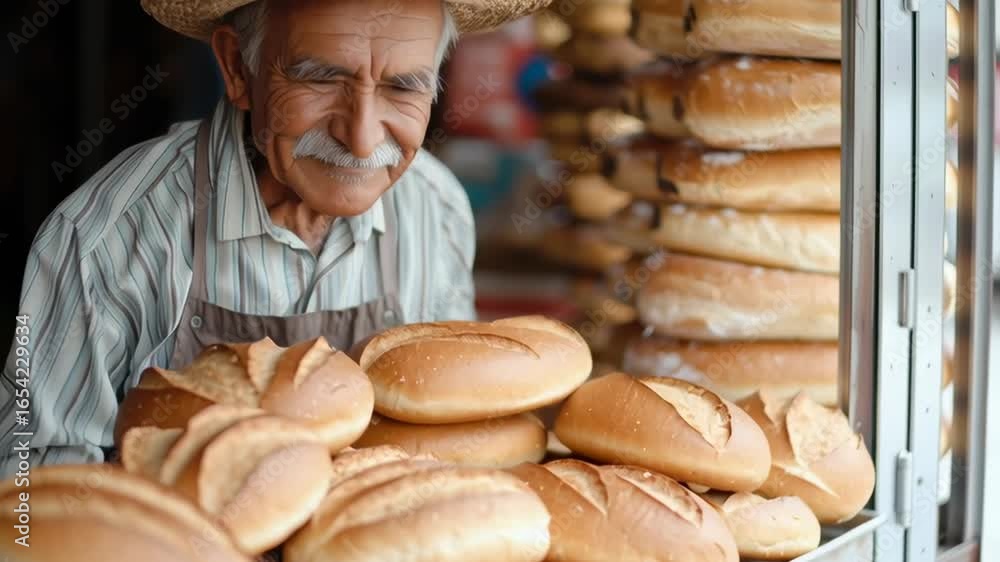 Poster a man in a straw hat stands in front of a stack of bread. he is smiling and he is proud of his work