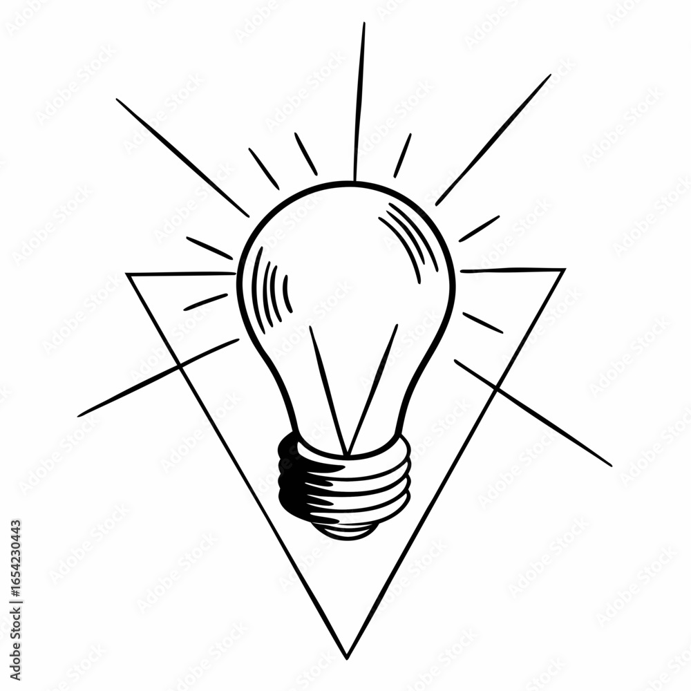 Poster a lightbulb with rays of light emanating from it, set against a triangular background element 