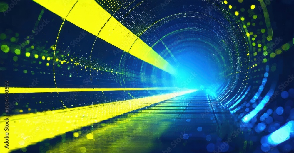 Poster bright tunnel, futuristic design. yellow lines converge toward distant blue light. digital particles