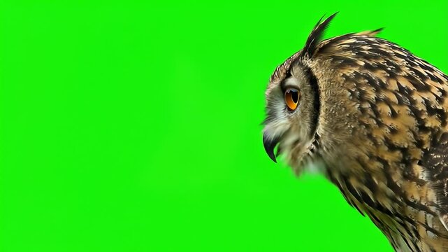 Brown owl with large eyes turning its head on a green screen background