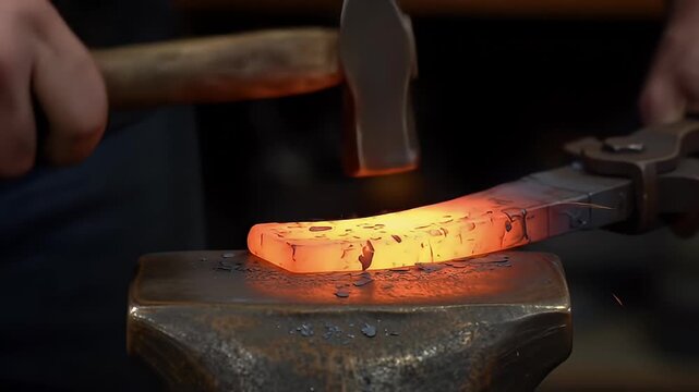 Glowing hot metal being forged on an anvil with tongs holding the metal in place