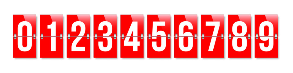 Flip countdown numbers set. Red flipboard display with numbers from 0 to 9 isolated on white background. Vector illustration in design of old-fashioned analog scoreboard or airport departure board. © backup16