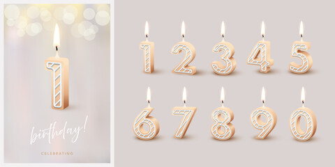 Birthday anniversary beige candles set template with number 1. Celebration birthday vector background. Beige wax numbers with candlelight on gray for party invitation, greeting card, poster, event.