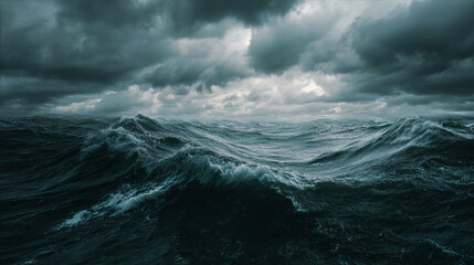 Fototapeta premium Atmospheric dramatic stormy sea with huge waves against cloudy sky