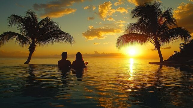 A couple lounging by a pool with tropical drinks in hand, palm trees swaying in the breeze. 