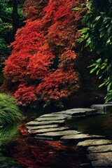 Japanese Garden with Red Maple and Stone Path