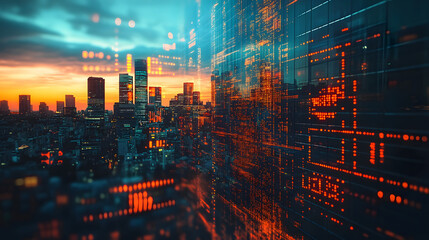 A vibrant cityscape blends physical architecture with digital finance, illustrating innovation and aspiration. The glowing crypto symbols evoke progress and human connection to technology.