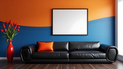 Minimalist living room interior with black elegant sofa , and a large blank frame on a plain white wall.	