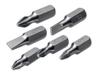 Set of six metal screwdriver bits.