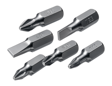 Set of six metal screwdriver bits.