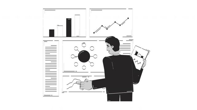 Comparing results and data evaluation hand drawn whiteboard sketch animation. Business dashboard. Analytical decision-making. Indian analyst animated handdrawn concept pencil drawing 4K video