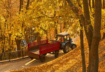 Tractor Working in Autumn Park