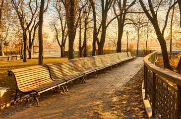 Long Park Bench at Sunrise