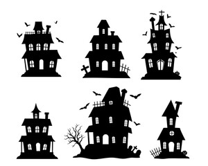A collection of scary Halloween house silhouette illustrations