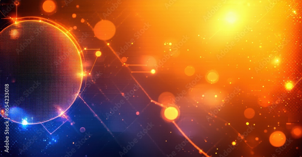 Poster abstract background features vibrant blue, orange gradients. lines connect glowing circles, creating