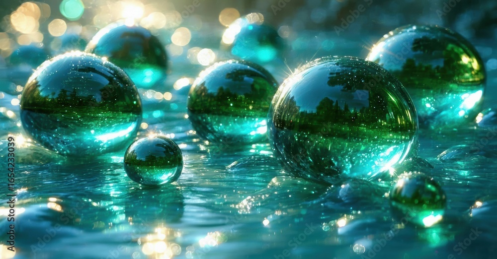 Poster reflective spheres rest upon shimmering surface. trees mirrored within glossy orbs, creating dreamy 