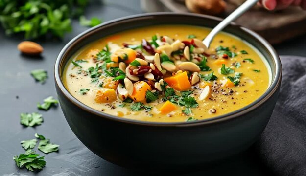 Warm bowl of soup with nuts and vegetables, perfect for a cozy meal