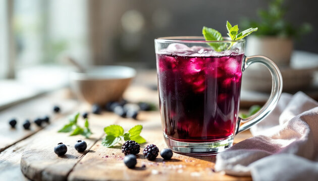 Close-up of black mulberry drink in glass with fresh berries and mint on table.
