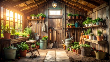 Sunlit Rustic Shed Filled with Potted Plants and Gardening Tools
